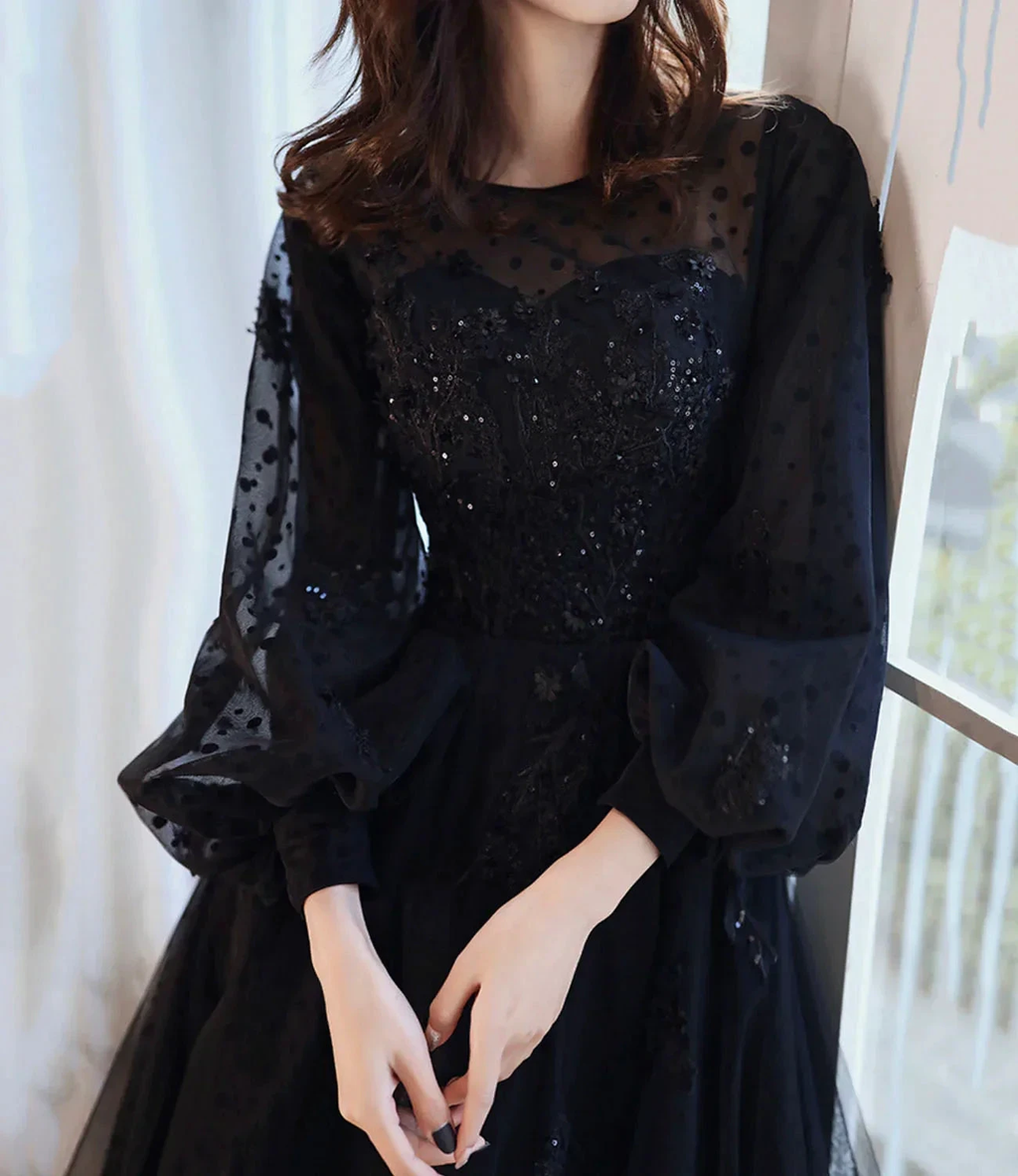 Black lace long prom dress A line evening gown Y1294 by simplepromdress