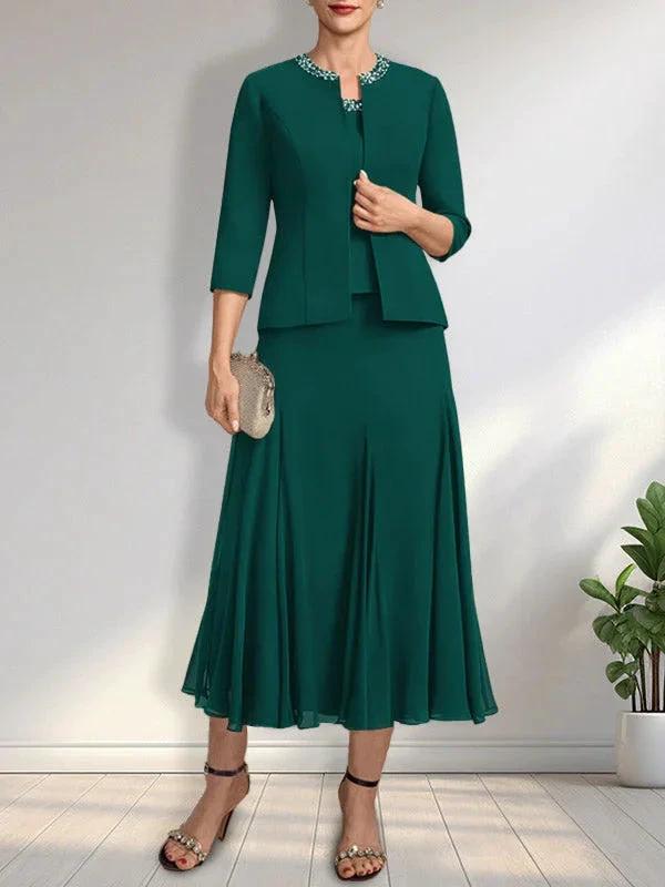 Separates A-line Scoop Tea-Length Chiffon Mother of the Bride Dress With Sequins Beading by Dreamylily