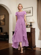 A-line Scoop Illusion Asymmetrical Chiffon Lace Mother of the Bride Dress With Bow Ruffle Sequins by Dreamylily