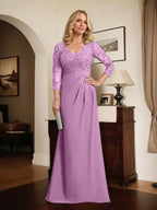 Sheath/Column V-Neck Illusion Floor-Length Lace Chiffon Mother of the Bride Dress With Pleated Sequins by Dreamylily