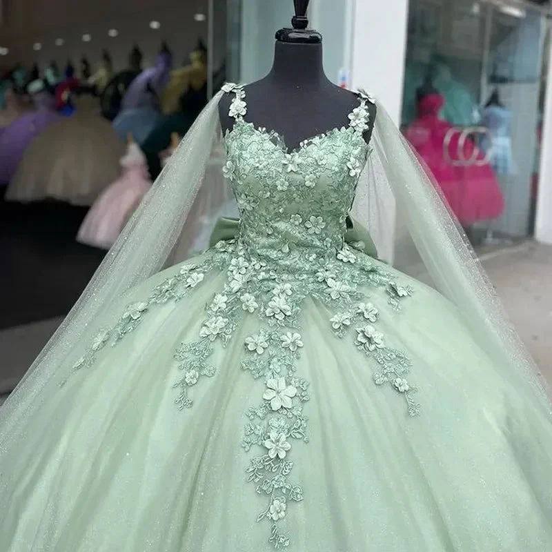 Mint Green Quinceanera Dresses 3D Flowers Ball Gown Pageant Party Sweet 15 Dress Y4481 by simplepromdress