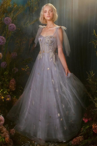 Gray Blue Tulle Appliques A Line Evening Dress Prom Dress Y8341