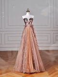 Vintage Rose Gold Strapless Tulle Sequins Beaded A Line Prom Dress Evening Dress Y8622 by simplepromdress