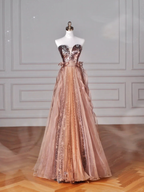 Vintage Rose Gold Strapless Tulle Sequins Beaded A Line Prom Dress Evening Dress Y8622 by simplepromdress