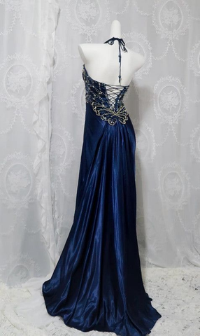 Vestido de noche azul marino de lujo con abertura y cuentas, vestido formal de fiesta Y7723