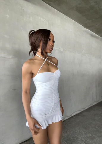White Bodycon Dress With Ruched White Mini Homecoming Dress Y2443