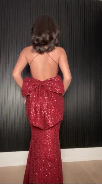Elegant Burgundy Sequins Mermaid Evening Dress Backless Long Prom Dress With Bow Y8510 by simplepromdress