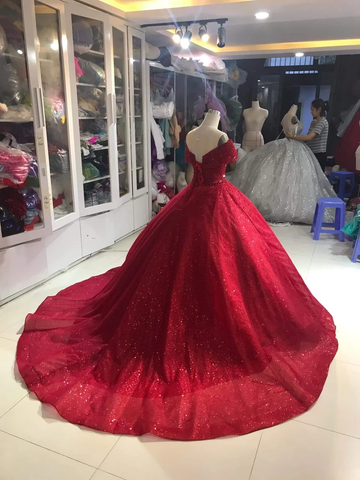 Luxuriöses schulterfreies rotes Glitzer-Ballkleid mit Perlenverzierung, Sweet 16-Kleid, Y1275
