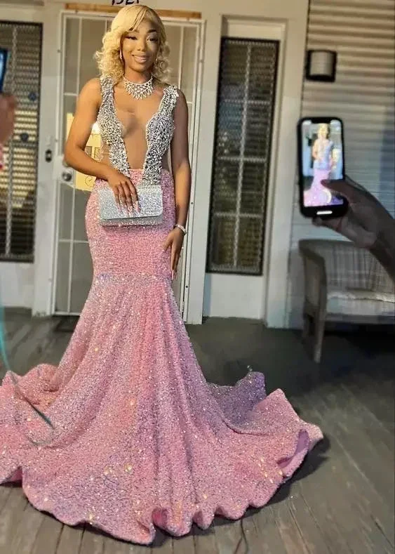 Sparkling pink prom dresses, Sexy sequins mermaid pink prom pageant evening dress Y477 by simplepromdress