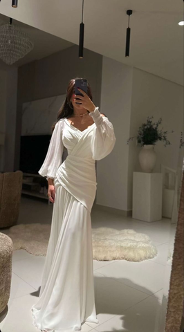 Vestido de noche largo tipo sirena con escote en V fruncido, elegante, color blanco, Y7737