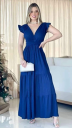 Modest A-line V Neck Blue Prom Dress Blue Evening Gown Y5085