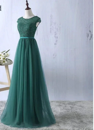 Green tulle lace top round neck long evening dresses simple formal dress S6796 by simplepromdress