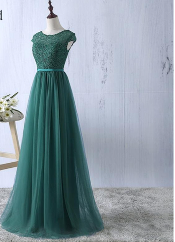 Grünes Tüll-Spitzentop mit Rundhalsausschnitt, lange Abendkleider, schlichtes Abendkleid S6796