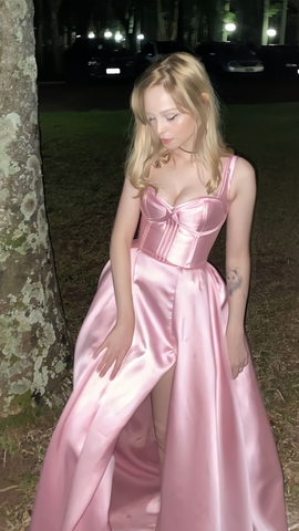 Simple Pink A-Line Satin Party Dress Side Slit Prom Dress Evening Dress Y8563