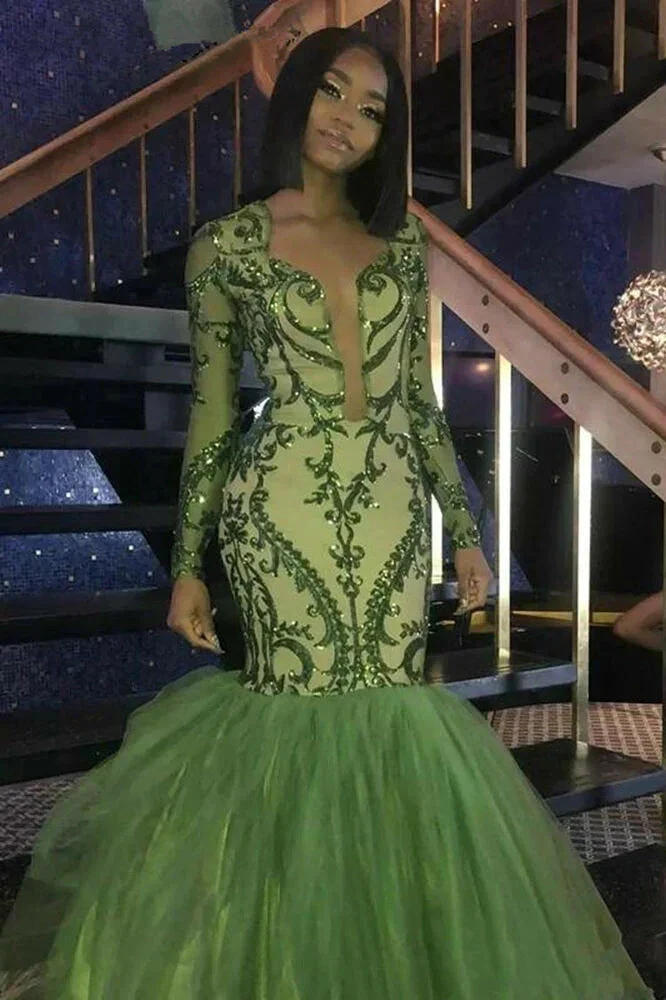 Green Sequins Prom Dresses,Sexy Mermaid Long-Sleeves Evening Gowns Y1456 by simplepromdress