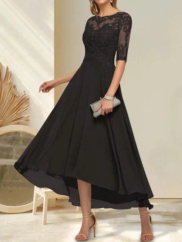 A-line Boat Neck Illusion Asymmetrical Chiffon Lace Mother of the Bride Dress With Sequins Beading by Dreamylily