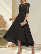 A-line Boat Neck Illusion Asymmetrical Chiffon Lace Mother of the Bride Dress With Sequins Beading by Dreamylily