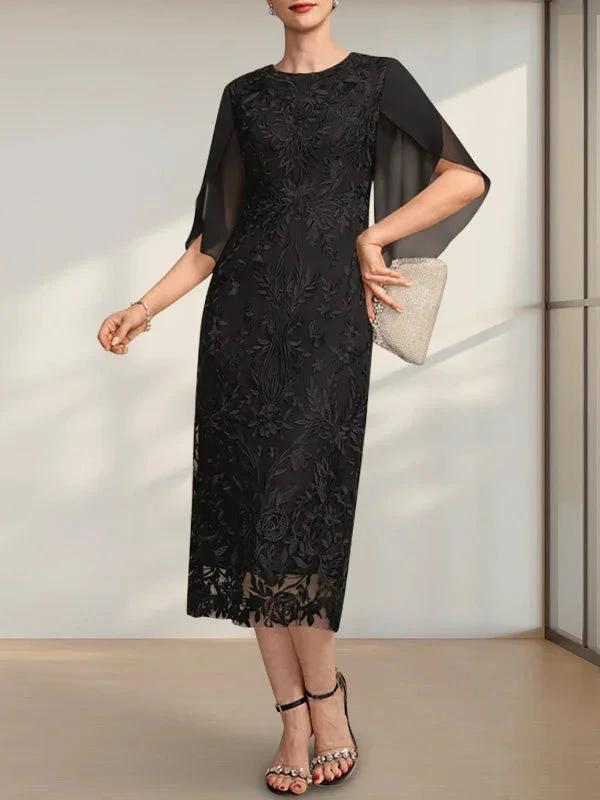 Sheath/Column Scoop Tea-Length Lace Chiffon Mother of the Bride Dress by Dreamylily