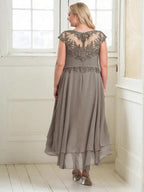 A-line Boat Neck Illusion Asymmetrical Chiffon Lace Mother of the Bride Dress With Applique Pleats by Dreamylily