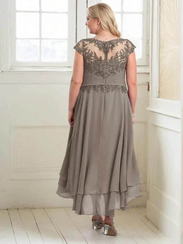 A-line Boat Neck Illusion Asymmetrical Chiffon Lace Mother of the Bride Dress With Applique Pleats by Dreamylily