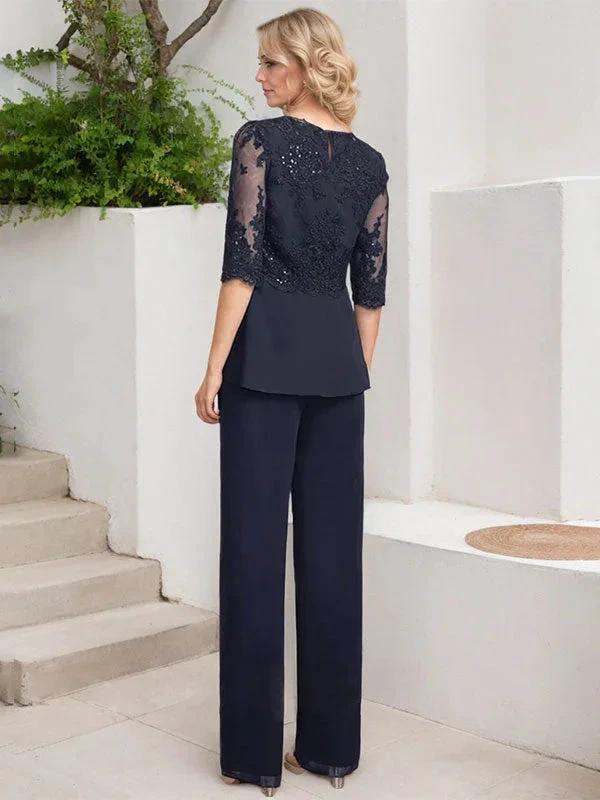 Jumpsuit/Pantsuit Separates Scoop Floor-Length Chiffon Lace Mother of the Bride Dress With Sequins by Dreamylily