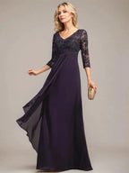A-line V-Neck Floor-Length Lace Chiffon Mother of the Bride Dress With Cascading Ruffles Sequins by Dreamylily