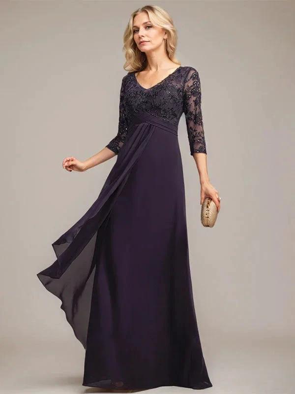 A-line V-Neck Floor-Length Lace Chiffon Mother of the Bride Dress With Cascading Ruffles Sequins by Dreamylily