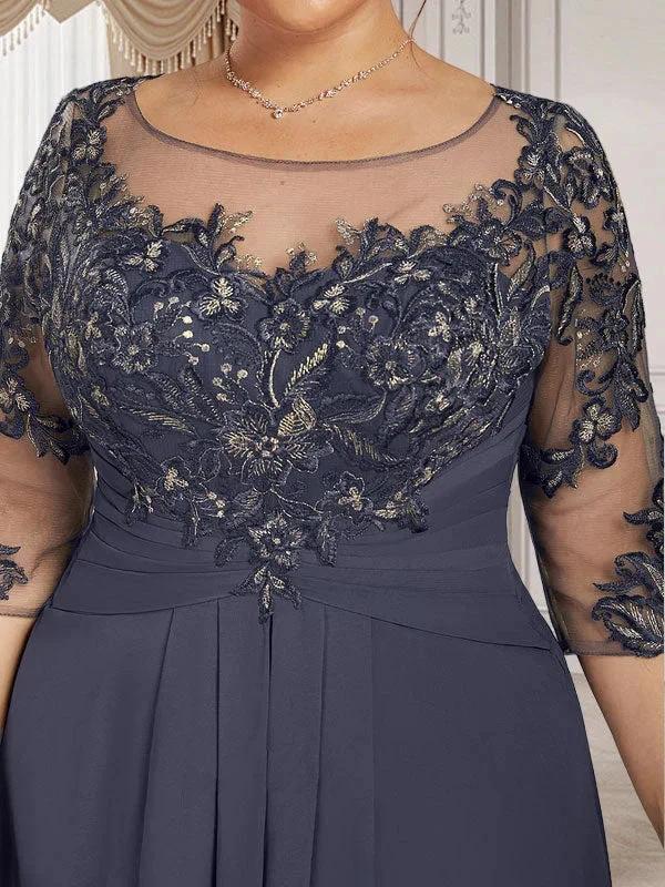 A-line Scoop Illusion Floor-Length Lace Chiffon Mother of the Bride Dress With Cascading Ruffles by Dreamylily