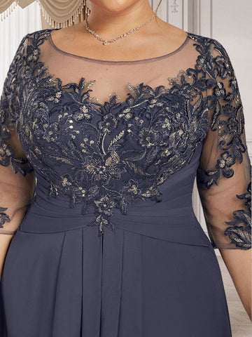 A-line Scoop Illusion Floor-Length Lace Chiffon Mother of the Bride Dress With Cascading Ruffles