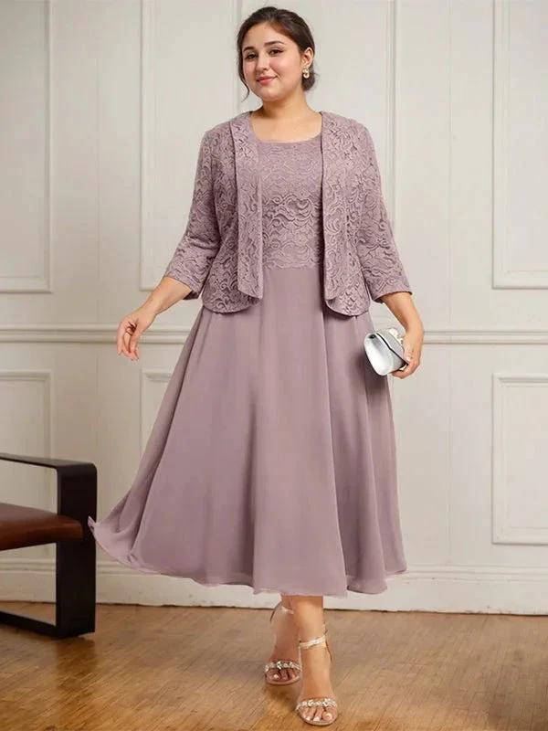 A-line Scoop Tea-Length Lace Chiffon Mother of the Bride Dress by Dreamylily