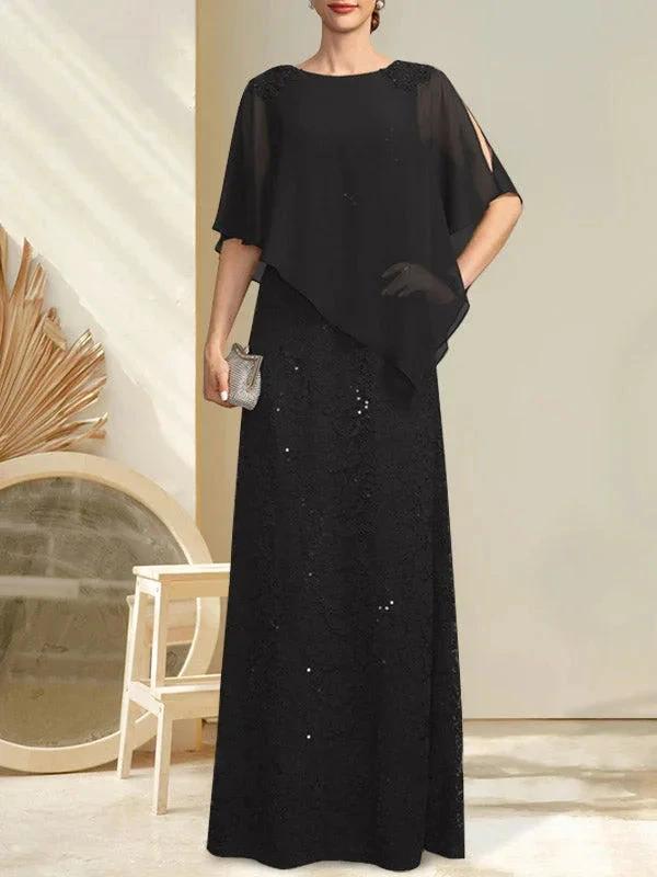 Sheath/Column Scoop Floor-Length Chiffon Lace Mother of the Bride Dress With Sequins Beading by Dreamylily