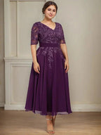 A-line V-Neck Tea-Length Lace Chiffon Mother of the Bride Dress With Sequins by Dreamylily