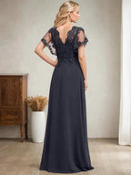 A-line V-Neck Floor-Length Lace Chiffon Mother of the Bride Dress With Sequins by Dreamylily