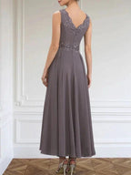 A-line V-Neck Ankle-Length Chiffon Mother of the Bride Dress With Sequins Appliques Lace Beading by Dreamylily