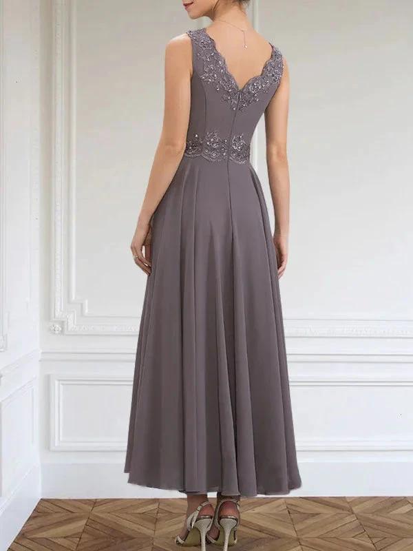 A-line V-Neck Ankle-Length Chiffon Mother of the Bride Dress With Sequins Appliques Lace Beading by Dreamylily