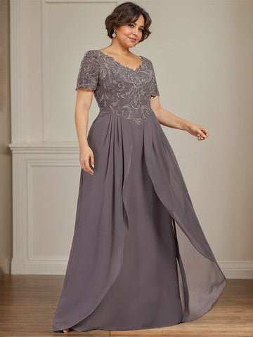A-line V-Neck Floor-Length Chiffon Lace Mother of the Bride Dress