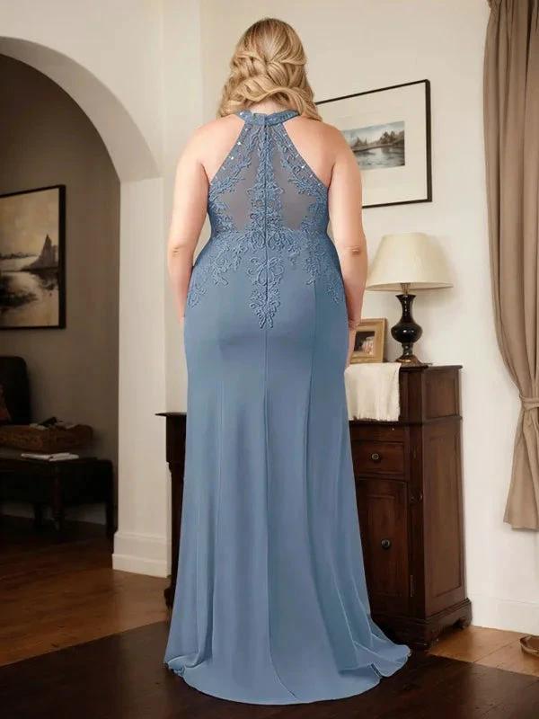 Dusty Blue Sheath Halter Long Mother of Bride Dress With Appliques by Dreamylily