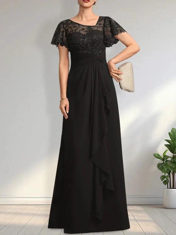 A-line Asymmetrical Illusion Floor-Length Lace Chiffon Mother of the Bride Dress With Cascading Ruffles Sequins by Dreamylily