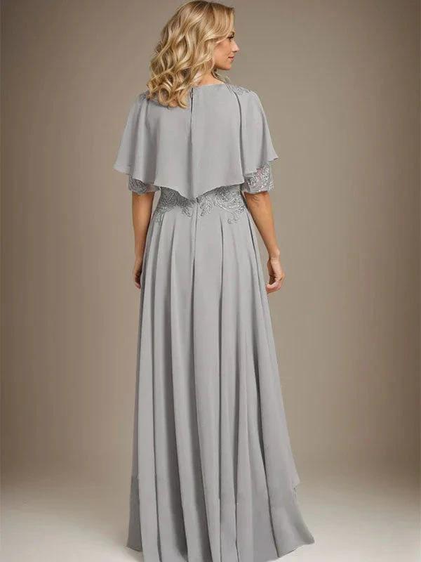 A-line Scoop Illusion Asymmetrical Chiffon Lace Mother of the Bride Dress With Beading by Dreamylily