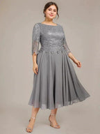 A-line Scoop Tea-Length Lace Chiffon Mother of the Bride Dress by Dreamylily