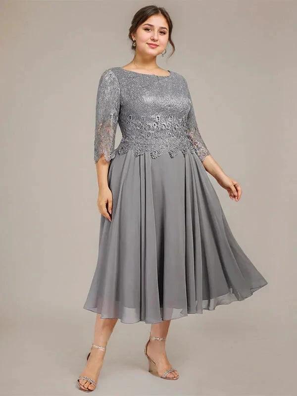 A-line Scoop Tea-Length Lace Chiffon Mother of the Bride Dress by Dreamylily
