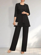 Jumpsuit/Pantsuit Separates Scoop Floor-Length Chiffon Lace Mother of the Bride Dress With Sequins by Dreamylily