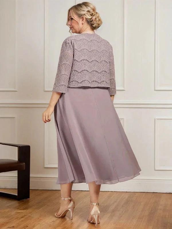 A-line Scoop Tea-Length Chiffon Mother of the Bride Dress With Pleated by Dreamylily