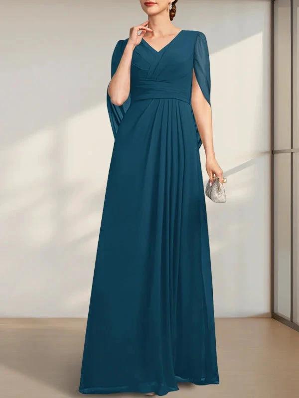 A-line V-Neck Floor-Length Chiffon Mother of the Bride Dress With Pleated by Dreamylily