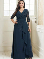 A-line Collared V-Neck Floor-Length Lace Chiffon Mother of the Bride Dress With Sequins Cascading Ruffles by Dreamylily