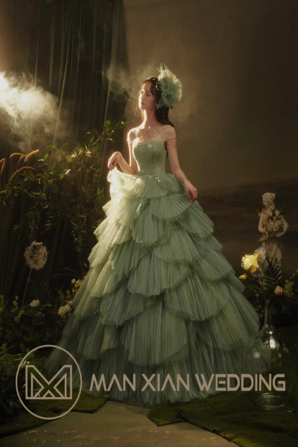 Ethereal Mint Green Tulle Ball Gown with Illusion Chain Shoulders & Tiered Ruffled Skirt by ZAPDRESS