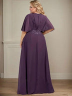 A-line V-Neck Floor-Length Chiffon Mother of the Bride Dress With Pleated Sequins Appliques Lace by Dreamylily