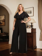 Jumpsuit/Pantsuit V-Neck Floor-Length Chiffon Evening Dress