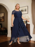 A-line Scoop Illusion Asymmetrical Chiffon Lace Mother of the Bride Dress With Bow Ruffle Sequins by Dreamylily