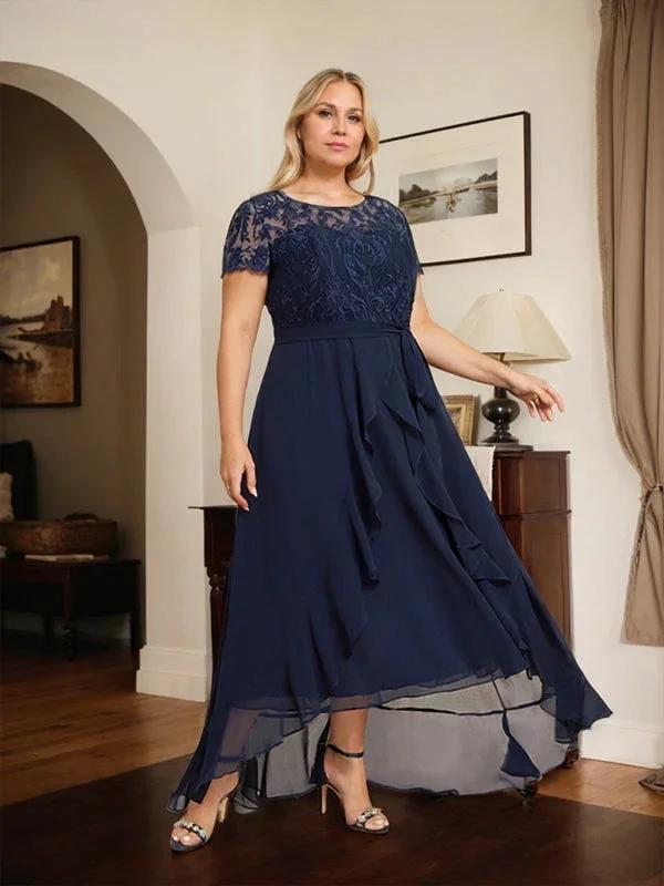 A-line Scoop Illusion Asymmetrical Chiffon Lace Mother of the Bride Dress With Bow Ruffle Sequins by Dreamylily